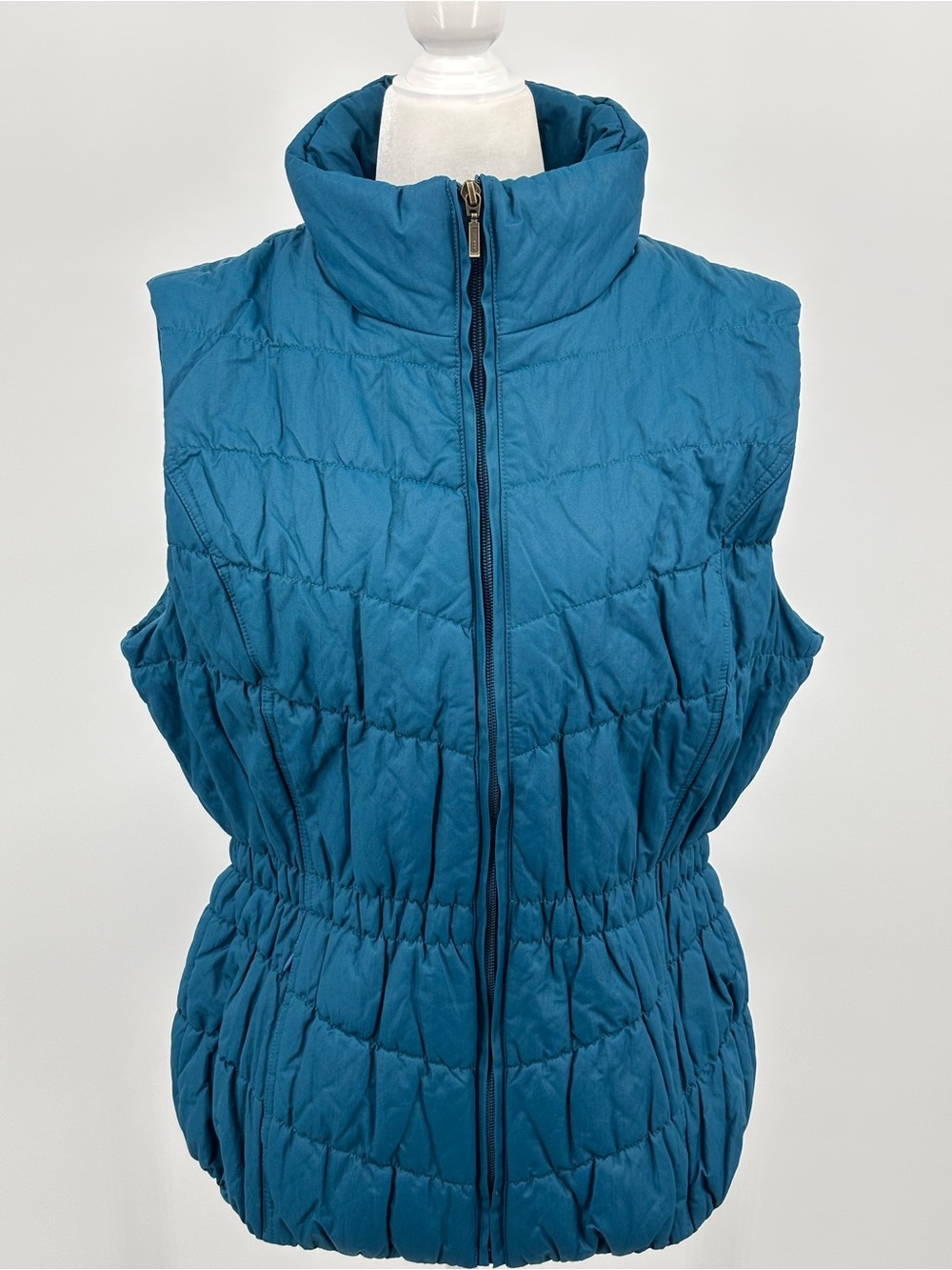 Coldwater Creek Blue Quilted Shaped Vest Medium, Ruched Puffer Zip Front